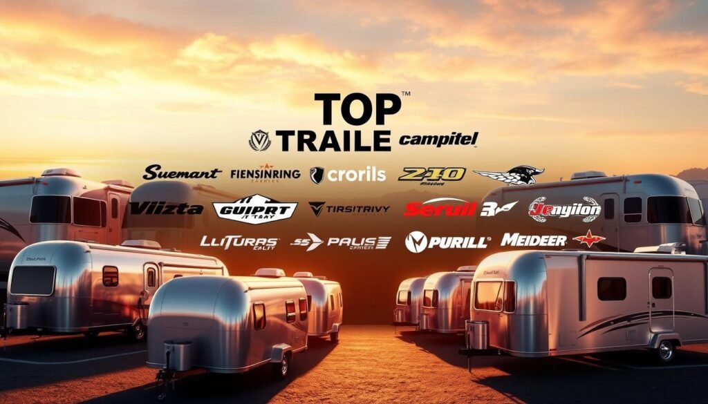 A vibrant collage of prominent travel trailer brands, showcased in a sleek, modern composition. In the foreground, a group of shiny aluminum-clad trailers in various sizes and designs, illuminated by warm, directional lighting that casts dramatic shadows. In the middle ground, a range of iconic brand logos, each standing out with bold, typographic treatment. The background features a soft, gradient-filled sky, adding depth and a sense of serene tranquility to the scene. The overall mood is one of aspirational adventure, capturing the essence of the top travel trailer brands and their promise of unforgettable journeys.