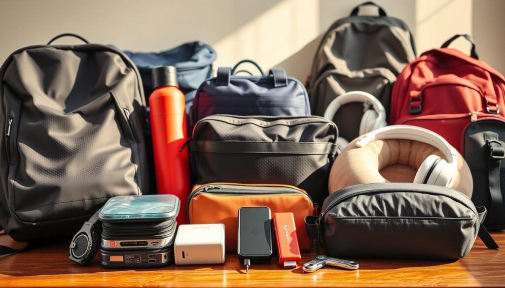 A vibrant collection of versatile travel gifts arranged on a wooden table. In the foreground, a sleek and durable backpack, a set of high-quality packing cubes, and a portable charger with multiple ports. In the middle ground, a stylish and water-resistant dopp kit, a comfortable travel pillow, and a multi-tool with various practical functions. In the background, a pair of noise-cancelling headphones, a reusable water bottle, and a foldable daypack. Warm, natural lighting illuminates the scene, creating a sense of accessibility and utility. The overall composition conveys the idea of thoughtful, multi-purpose travel accessories that cater to the needs of diverse travelers.