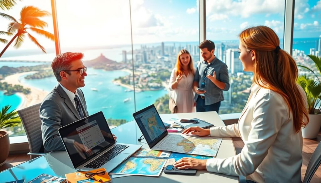 A vibrant, detailed scene of the travel agent career process. In the foreground, a professional travel agent sits at a sleek, modern desk, surrounded by a colorful array of travel brochures, maps, and a laptop displaying flight itineraries. In the middle ground, potential clients consult with the agent, gesturing animatedly as they discuss upcoming vacation plans. The background features a panoramic view of iconic destinations - sun-drenched beaches, lush tropical landscapes, and bustling city skylines - hinting at the endless travel possibilities the agent can help facilitate. Warm, natural lighting casts a welcoming glow, and the overall atmosphere conveys a sense of excitement, expertise, and the rewarding journey of becoming a travel agent.