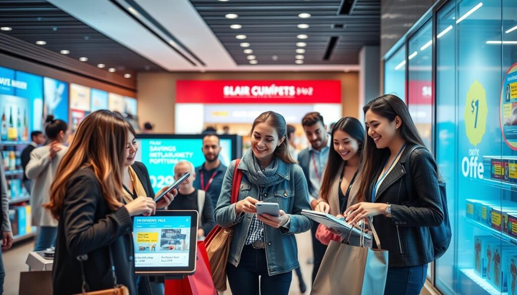 A vibrant, dynamic scene showcasing the core customer benefits of a retail marketing strategy. In the foreground, a diverse group of smiling shoppers engage with interactive digital displays, exploring promotions and personalized deals. The middle ground features eye-catching product displays and signage, highlighting key savings and exclusive offers. In the background, a sleek, modern retail environment with clean lines and subtle lighting creates an inviting atmosphere. The overall composition conveys a sense of excitement, convenience, and value - effectively communicating the customer-centric focus of the marketing approach. A vibrant, dynamic scene showcasing the core customer benefits of a retail marketing strategy. In the foreground, a diverse group of smiling shoppers engage with interactive digital displays, exploring promotions and personalized deals. The middle ground features eye-catching product displays and signage, highlighting key savings and exclusive offers. In the background, a sleek, modern retail environment with clean lines and subtle lighting creates an inviting atmosphere. The overall composition conveys a sense of excitement, convenience, and value - effectively communicating the customer-centric focus of the marketing approach.