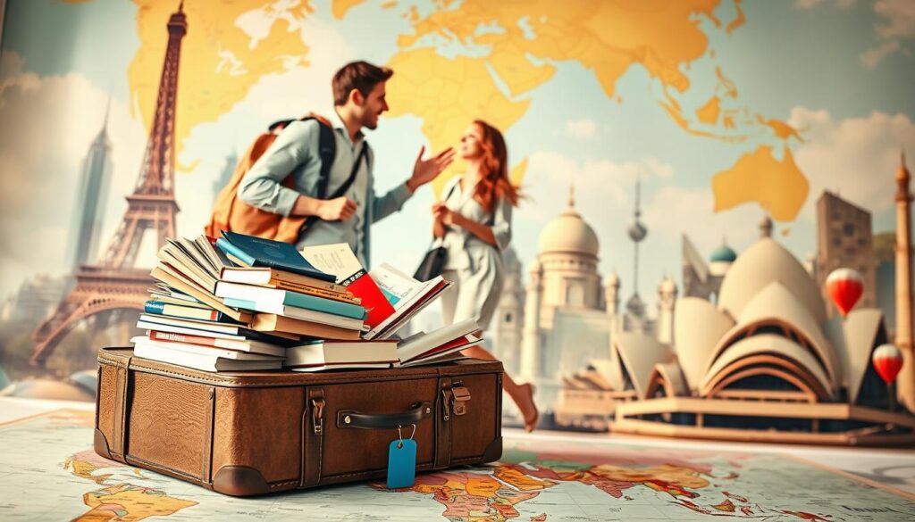 A vibrant, globetrotting scene showcasing the regional variations in the spelling of "travelling" and "traveling". In the foreground, a suitcase overflowing with language guides and dictionaries sits atop a world map, hinting at the cross-cultural exploration to come. The middle ground features two travelers, one from the UK and one from the US, engaged in a lively discussion, their gestures and expressions conveying the nuances of their linguistic differences. In the background, a collage of iconic landmarks from around the world - the Eiffel Tower, the Taj Mahal, the Sydney Opera House - provides a visually striking backdrop, symbolizing the diversity of the English language. Warm, golden lighting and a sense of movement and adventure pervade the scene, capturing the spirit of discovering new places and embracing cultural variations. A vibrant, globetrotting scene showcasing the regional variations in the spelling of "travelling" and "traveling". In the foreground, a suitcase overflowing with language guides and dictionaries sits atop a world map, hinting at the cross-cultural exploration to come. The middle ground features two travelers, one from the UK and one from the US, engaged in a lively discussion, their gestures and expressions conveying the nuances of their linguistic differences. In the background, a collage of iconic landmarks from around the world - the Eiffel Tower, the Taj Mahal, the Sydney Opera House - provides a visually striking backdrop, symbolizing the diversity of the English language. Warm, golden lighting and a sense of movement and adventure pervade the scene, capturing the spirit of discovering new places and embracing cultural variations.