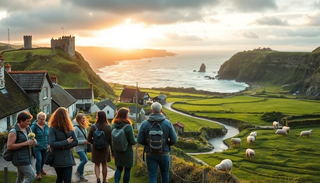 A vibrant, meticulously detailed image of personalized Ireland travel experiences. In the foreground, a group of diverse travelers exploring a charming Irish village, each immersed in unique activities - a local food tour, a traditional music session, a private castle tour. The middle ground features rolling green hills dotted with quaint cottages, a winding river, and wandering sheep. The background showcases the dramatic Irish coastline, with rugged cliffs, crashing waves, and a majestic castle silhouetted against a warm, golden sunset sky. The lighting is soft and ambient, creating a cozy, inviting atmosphere. The composition captures the spirit of tailored, immersive travel in Ireland, catering to the diverse interests and preferences of every traveler. A vibrant, meticulously detailed image of personalized Ireland travel experiences. In the foreground, a group of diverse travelers exploring a charming Irish village, each immersed in unique activities - a local food tour, a traditional music session, a private castle tour. The middle ground features rolling green hills dotted with quaint cottages, a winding river, and wandering sheep. The background showcases the dramatic Irish coastline, with rugged cliffs, crashing waves, and a majestic castle silhouetted against a warm, golden sunset sky. The lighting is soft and ambient, creating a cozy, inviting atmosphere. The composition captures the spirit of tailored, immersive travel in Ireland, catering to the diverse interests and preferences of every traveler.