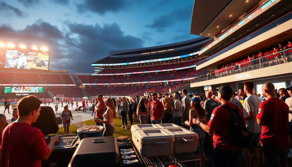A vibrant, photorealistic scene showcasing a wide range of customizable game day experiences for Florida Panthers fans. In the foreground, a group of enthusiastic fans excitedly tailgating, with grills sizzling and coolers filled with refreshments. In the middle ground, a bustling concourse filled with interactive kiosks and merchandise stands, allowing fans to personalize their experience. In the background, the modern, state-of-the-art arena stands tall, its sleek architecture and bright lighting setting the stage for an unforgettable hockey game. The scene is bathed in a warm, golden glow, capturing the energy and excitement of a Florida Panthers game day.