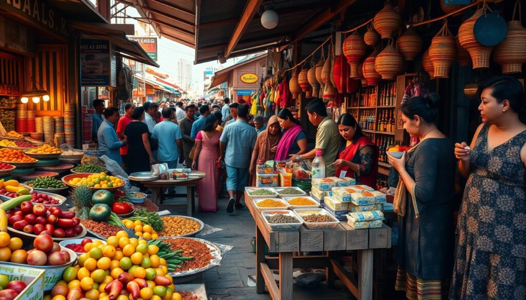 A vibrant street market bustling with activity, stalls overflowing with an array of local produce, spices, and handcrafted wares. The foreground features a colorful display of fresh fruits and vegetables, their hues popping against the weathered wooden tables. In the middle ground, vendors in traditional garb offer samples of their homemade delicacies, while the background showcases a lively crowd of locals and travelers, immersed in the sights, sounds, and aromas of this budget-friendly cultural experience. Warm, natural lighting casts a golden glow, evoking a sense of warmth and authenticity. Captured with a wide-angle lens to encompass the energy and diversity of this immersive culinary journey. A vibrant street market bustling with activity, stalls overflowing with an array of local produce, spices, and handcrafted wares. The foreground features a colorful display of fresh fruits and vegetables, their hues popping against the weathered wooden tables. In the middle ground, vendors in traditional garb offer samples of their homemade delicacies, while the background showcases a lively crowd of locals and travelers, immersed in the sights, sounds, and aromas of this budget-friendly cultural experience. Warm, natural lighting casts a golden glow, evoking a sense of warmth and authenticity. Captured with a wide-angle lens to encompass the energy and diversity of this immersive culinary journey.