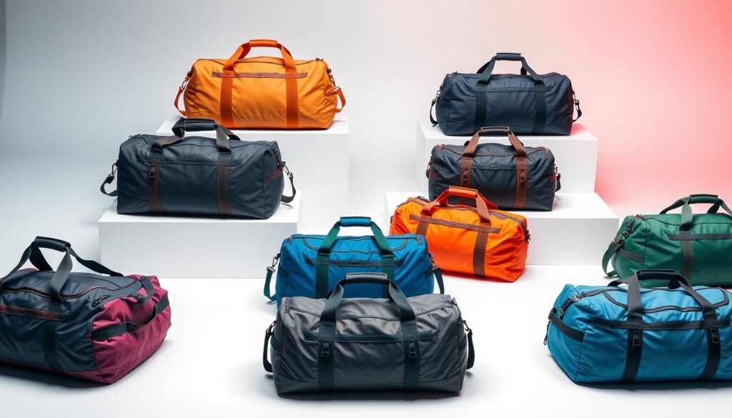 A vibrant, well-lit studio scene showcasing an array of adventure duffel bags in various sizes, colors, and styles. The duffels are displayed on a clean, minimalist background, allowing their rugged construction and versatile features to take center stage. Carefully angled shots highlight the bags' sturdy handles, reinforced corners, and water-resistant fabrics, conveying their durability and suitability for outdoor expeditions. Soft, directional lighting casts subtle shadows, accentuating the bags' textural details and lending an air of sophistication. The overall composition strikes a balance between showcasing the individual duffels and creating a cohesive, visually appealing display that would be well-suited to illustrate a buyer's guide or product comparison. A vibrant, well-lit studio scene showcasing an array of adventure duffel bags in various sizes, colors, and styles. The duffels are displayed on a clean, minimalist background, allowing their rugged construction and versatile features to take center stage. Carefully angled shots highlight the bags' sturdy handles, reinforced corners, and water-resistant fabrics, conveying their durability and suitability for outdoor expeditions. Soft, directional lighting casts subtle shadows, accentuating the bags' textural details and lending an air of sophistication. The overall composition strikes a balance between showcasing the individual duffels and creating a cohesive, visually appealing display that would be well-suited to illustrate a buyer's guide or product comparison.