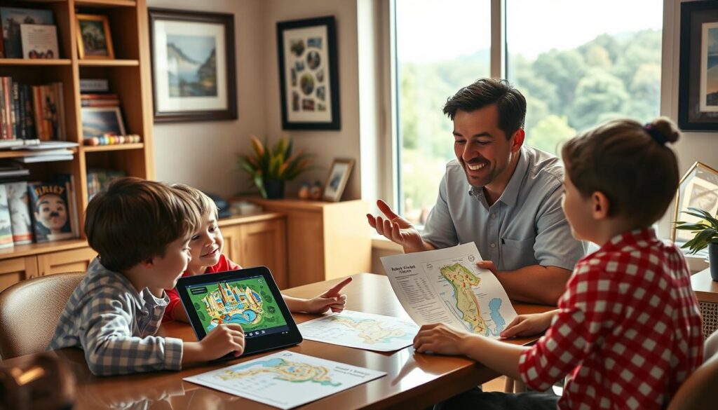 A warm, welcoming Disney-themed office setting. In the foreground, a family sits around a table reviewing personalized itineraries, their faces lit by the glow of a tablet displaying vibrant park maps and schedules. In the middle ground, a travel agent gestures animatedly, guiding them through the options. The background features shelves of travel guides, framed Disney artwork, and a large window overlooking a lush, verdant landscape. Soft, natural lighting filters in, creating a cozy, inviting atmosphere. The scene conveys the care and attention to detail that goes into crafting a truly memorable Disney vacation.