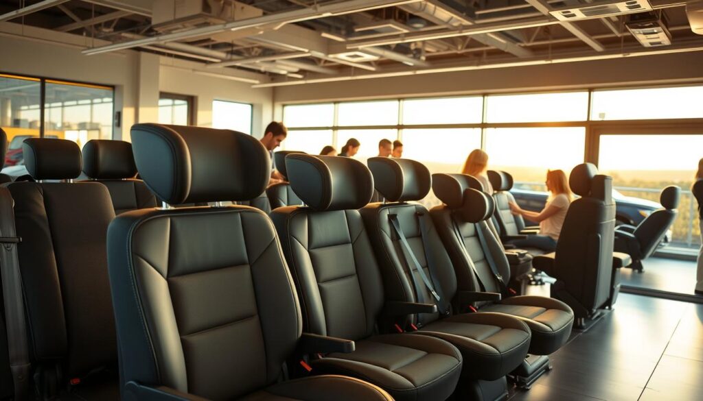 A well-lit automotive showroom displays an array of versatile car seats, showcasing their features and compatibility for family trips. The foreground features a selection of high-quality, ergonomic car seats in a range of sizes and styles, each with adjustable headrests, safety harnesses, and plush upholstery. In the middle ground, parents interact with the seats, testing their comfort and ease of installation. The background depicts a serene outdoor scene, hinting at the destinations these car seats are meant to facilitate. The lighting is warm and inviting, creating a welcoming atmosphere for families to explore their options. The camera angle provides a dynamic, three-quarter view, allowing for a comprehensive display of the car seat selection.