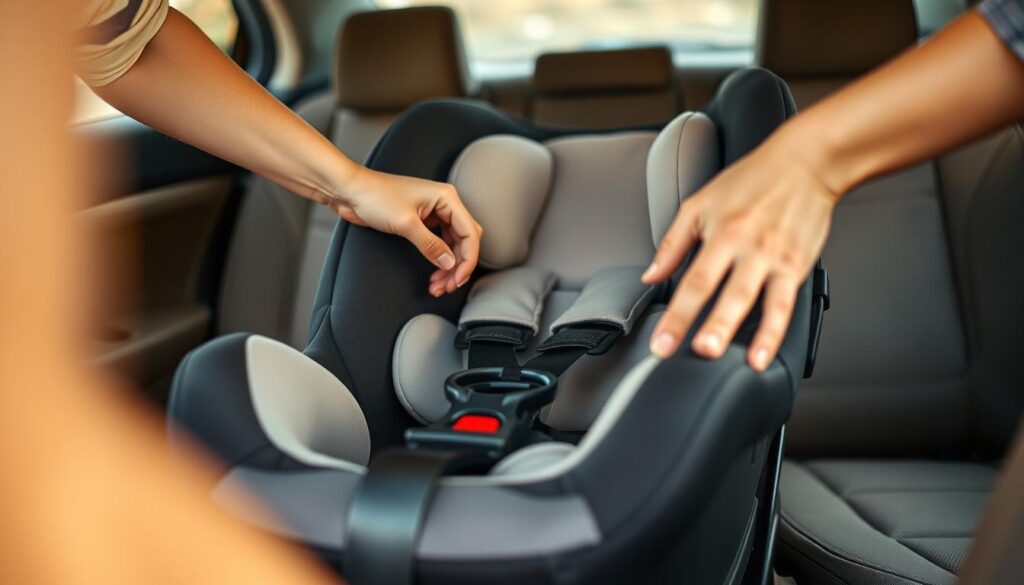 A well-lit, close-up view of an infant car seat installation process. The foreground shows a person's hands carefully securing the seat with straps and buckles, highlighting the attention to detail. The middle ground features the car seat itself, with a plush, cushioned interior and a sturdy, modern design. The background depicts the interior of a car, with the soft, muted tones of the upholstery and the subtle curves of the dashboard providing a sense of context and environment. The lighting is warm and natural, creating a comforting and reassuring atmosphere suitable for a scene focused on child safety and transportation. A well-lit, close-up view of an infant car seat installation process. The foreground shows a person's hands carefully securing the seat with straps and buckles, highlighting the attention to detail. The middle ground features the car seat itself, with a plush, cushioned interior and a sturdy, modern design. The background depicts the interior of a car, with the soft, muted tones of the upholstery and the subtle curves of the dashboard providing a sense of context and environment. The lighting is warm and natural, creating a comforting and reassuring atmosphere suitable for a scene focused on child safety and transportation.