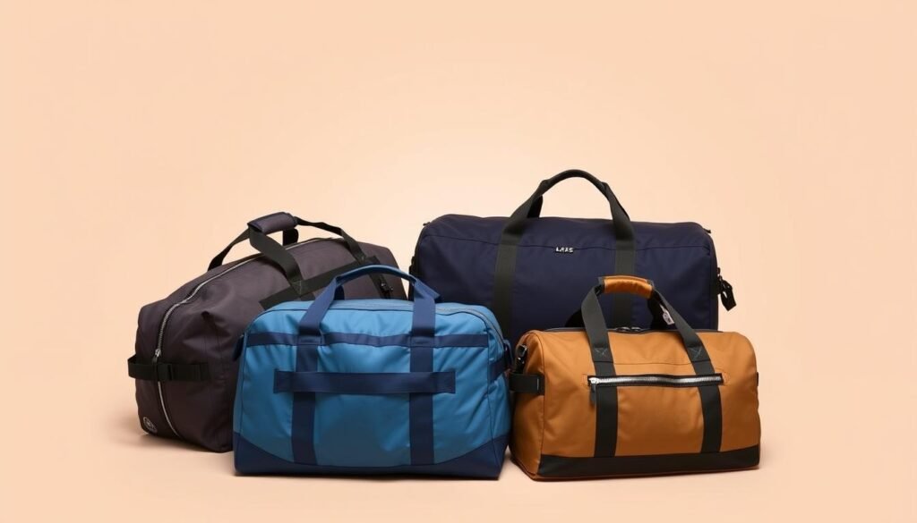 A well-lit, high-quality photograph of three duffel bags of varying sizes and colors, arranged in a diagonal row on a neutral-colored background. The bags should be positioned to allow for easy visual comparison of their features, such as material, zippers, handles, and overall design. The lighting should be soft and even, highlighting the texture and details of the bags. The camera angle should be slightly elevated, creating a sense of depth and allowing the viewer to clearly see the comparative differences between the duffel bags. The overall mood should be professional, informative, and focused on showcasing the key characteristics that would be relevant for a price comparison. A well-lit, high-quality photograph of three duffel bags of varying sizes and colors, arranged in a diagonal row on a neutral-colored background. The bags should be positioned to allow for easy visual comparison of their features, such as material, zippers, handles, and overall design. The lighting should be soft and even, highlighting the texture and details of the bags. The camera angle should be slightly elevated, creating a sense of depth and allowing the viewer to clearly see the comparative differences between the duffel bags. The overall mood should be professional, informative, and focused on showcasing the key characteristics that would be relevant for a price comparison.