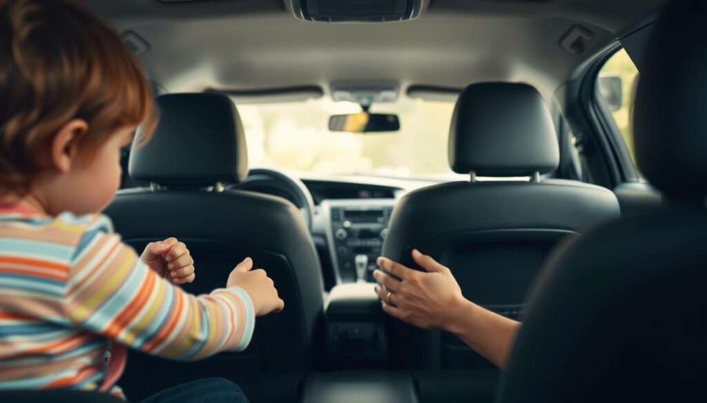 A well-lit interior car scene, showcasing proper child car seat installation techniques. In the foreground, a young child's hands securely fastening the car seat straps. In the middle ground, a parent's hands carefully adjusting the seat's position and locking it into the vehicle's anchoring system. The background features the car's dashboard and interior, providing context. Soft, diffused lighting illuminates the scene, creating a warm, educational atmosphere. The camera angle is positioned slightly above, providing a clear view of the installation process. The overall composition emphasizes the importance of safe and correct car seat usage.