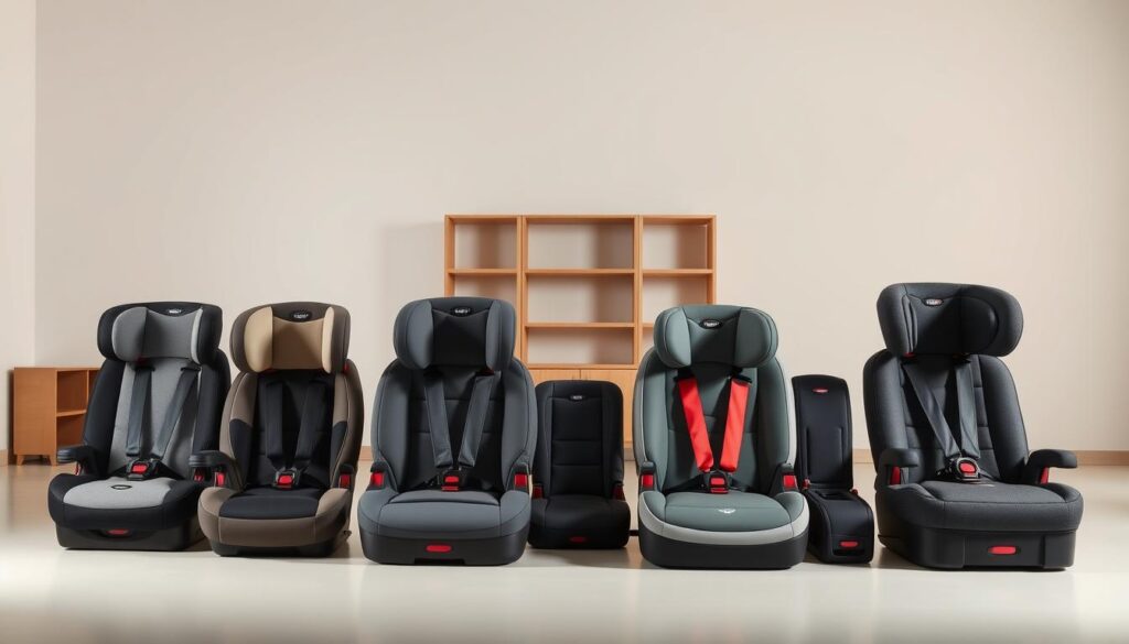 A well-lit studio setting showcasing a comparative display of high-quality booster seats. In the foreground, several booster seats of different sizes, colors, and designs are arranged side-by-side on a clean, neutral-toned surface, inviting closer inspection. The middle ground features a subtle backdrop, such as a plain wall or minimalist shelving, allowing the booster seats to be the focal point. Soft, directional lighting casts gentle shadows, highlighting the contours and materials of the products. The overall atmosphere conveys a sense of practicality, attention to detail, and consumer-friendly presentation, suitable for an educational guide on travel car seats. A well-lit studio setting showcasing a comparative display of high-quality booster seats. In the foreground, several booster seats of different sizes, colors, and designs are arranged side-by-side on a clean, neutral-toned surface, inviting closer inspection. The middle ground features a subtle backdrop, such as a plain wall or minimalist shelving, allowing the booster seats to be the focal point. Soft, directional lighting casts gentle shadows, highlighting the contours and materials of the products. The overall atmosphere conveys a sense of practicality, attention to detail, and consumer-friendly presentation, suitable for an educational guide on travel car seats.