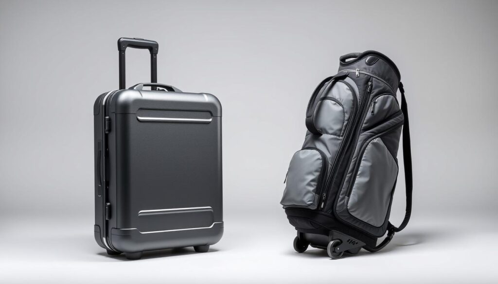 A well-lit, studio-style comparison shot showcasing a hard golf travel case and a soft golf travel bag side-by-side. The hard case has a sleek, durable polycarbonate shell with reinforced corners, while the soft bag features high-density nylon fabric with padded panels. Both are depicted at a slight angle, highlighting their distinctive shapes and materials. The lighting is even and balanced, creating subtle shadows that accentuate the textural differences. The background is a plain, neutral color to keep the focus on the two luggage options. The overall tone is professional and informative, inviting the viewer to closely examine the contrasting features of hard versus soft golf travel protection.
