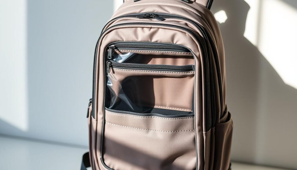 A well-organized backpack with a transparent front panel, showcasing its TSA-friendly features. The pack has a roomy main compartment, with strategically placed zippered pockets for easy access to essentials. Sleek, modern design in muted tones, complemented by a padded, adjustable shoulder strap system. The backpack is illuminated by soft, directional lighting, casting subtle shadows that highlight its thoughtful, functional details. Captured from a slightly elevated angle, providing a comprehensive view of the pack's versatile layout and intuitive organization. A well-organized backpack with a transparent front panel, showcasing its TSA-friendly features. The pack has a roomy main compartment, with strategically placed zippered pockets for easy access to essentials. Sleek, modern design in muted tones, complemented by a padded, adjustable shoulder strap system. The backpack is illuminated by soft, directional lighting, casting subtle shadows that highlight its thoughtful, functional details. Captured from a slightly elevated angle, providing a comprehensive view of the pack's versatile layout and intuitive organization.