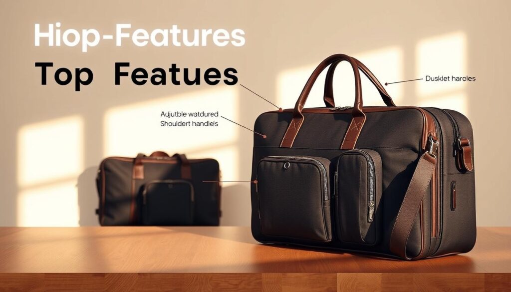 A well-organized, neatly arranged display of a high-quality men's travel bag, showcasing its top features. The bag is positioned on a wooden surface, bathed in warm, natural lighting that accentuates its sleek, modern design. In the foreground, the bag's durable, water-resistant exterior, multiple compartments, and sturdy carrying handles are prominently featured. In the middle ground, the bag's adjustable, padded shoulder strap and discreet side pockets are visible, highlighting its versatility and functionality. The background features a minimalist, clean-lined setting, allowing the bag to be the focal point and conveying a sense of sophistication and practicality. A well-organized, neatly arranged display of a high-quality men's travel bag, showcasing its top features. The bag is positioned on a wooden surface, bathed in warm, natural lighting that accentuates its sleek, modern design. In the foreground, the bag's durable, water-resistant exterior, multiple compartments, and sturdy carrying handles are prominently featured. In the middle ground, the bag's adjustable, padded shoulder strap and discreet side pockets are visible, highlighting its versatility and functionality. The background features a minimalist, clean-lined setting, allowing the bag to be the focal point and conveying a sense of sophistication and practicality.