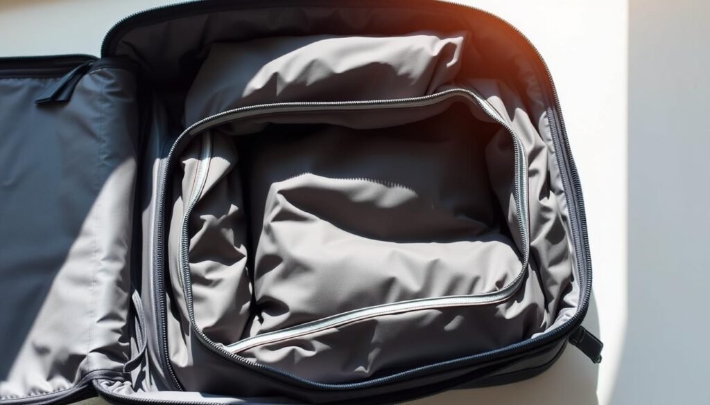 A well-organized set of efficient packing compartments within a neatly folded travel bag, capturing the essence of space-saving organization. Sunlit, with a clean, minimalist aesthetic. The compartments are clearly defined, showcasing their functionality and versatility. The lighting casts soft shadows, accentuating the bag's sleek, compact design. A composition that visually communicates the practical and streamlined nature of the Foldie Travel Bag, complementing the article's focus on lightweight and space-saving features.