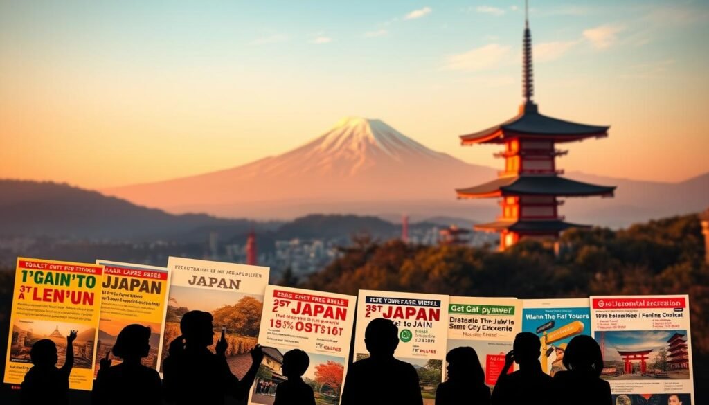 An alluring landscape of Japan's iconic landmarks, bathed in a warm, golden light. In the foreground, a vibrant display of travel brochures and discount flyers, each promising exceptional deals on sightseeing tours, cultural experiences, and luxury accommodations. The middle ground features silhouettes of eager travelers, their expressions filled with excitement as they plan their Japan adventure. In the background, the majestic Mount Fuji rises majestically, its snow-capped peak cutting through the hazy sky. The overall composition conveys a sense of anticipation and a spirit of exploration, inviting the viewer to embark on an unforgettable, cost-effective journey through the Land of the Rising Sun. An alluring landscape of Japan's iconic landmarks, bathed in a warm, golden light. In the foreground, a vibrant display of travel brochures and discount flyers, each promising exceptional deals on sightseeing tours, cultural experiences, and luxury accommodations. The middle ground features silhouettes of eager travelers, their expressions filled with excitement as they plan their Japan adventure. In the background, the majestic Mount Fuji rises majestically, its snow-capped peak cutting through the hazy sky. The overall composition conveys a sense of anticipation and a spirit of exploration, inviting the viewer to embark on an unforgettable, cost-effective journey through the Land of the Rising Sun.