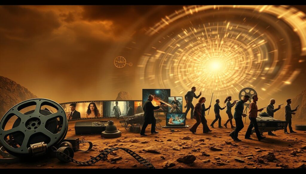 An evolving timeline of time travel film history, captured in a cinematic landscape. In the foreground, a vintage film reel and assorted movie props symbolize the early era of time travel cinema. The middle ground features iconic scenes and characters from classic time travel movies, rendered in a stylized, retro-futuristic aesthetic. In the background, a swirling vortex of lights and energy suggests the scientific and technological advancements that have shaped the genre over the decades, from H.G. Wells' "The Time Machine" to the modern blockbusters. Warm, muted tones evoke the nostalgic, dreamlike quality of this cinematic odyssey through the ages. An evolving timeline of time travel film history, captured in a cinematic landscape. In the foreground, a vintage film reel and assorted movie props symbolize the early era of time travel cinema. The middle ground features iconic scenes and characters from classic time travel movies, rendered in a stylized, retro-futuristic aesthetic. In the background, a swirling vortex of lights and energy suggests the scientific and technological advancements that have shaped the genre over the decades, from H.G. Wells' "The Time Machine" to the modern blockbusters. Warm, muted tones evoke the nostalgic, dreamlike quality of this cinematic odyssey through the ages.