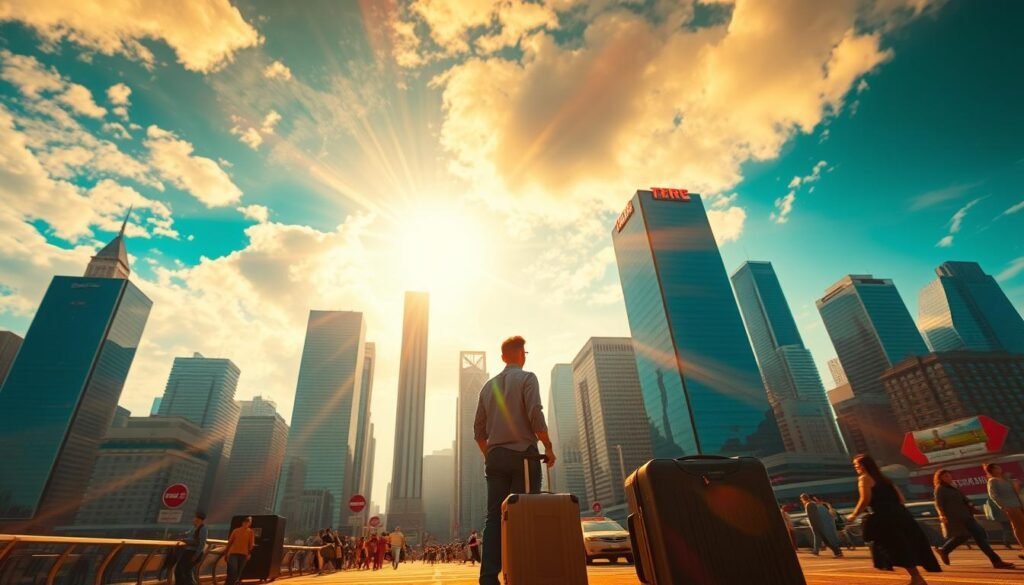 An expansive cityscape, gleaming skyscrapers reaching towards a vibrant sky. In the foreground, a traveler stands amidst a whirlwind of activity, suitcase in hand, gazing upwards with a sense of wonder and anticipation. Lens flares dance across the scene, capturing the energy and excitement of unlocking the rewards of travel. Warm, golden lighting bathes the composition, conveying a mood of prosperity and opportunity. Against this backdrop, the traveler symbolizes the potential to maximize miles and Capital One Travel rewards, embarking on a journey of discovery and enrichment.