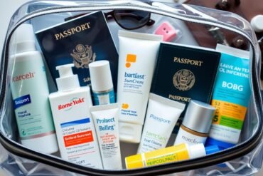 Collection of travel size sunscreen bottles arranged for travel