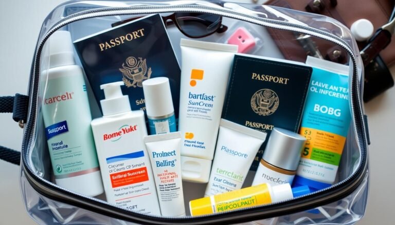Collection of travel size sunscreen bottles arranged for travel
