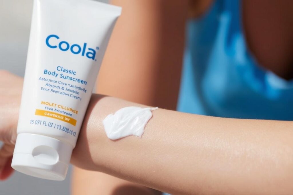 Coola Classic Body Sunscreen being applied to skin showing its moisturizing texture Coola Classic Body Sunscreen being applied to skin showing its moisturizing texture