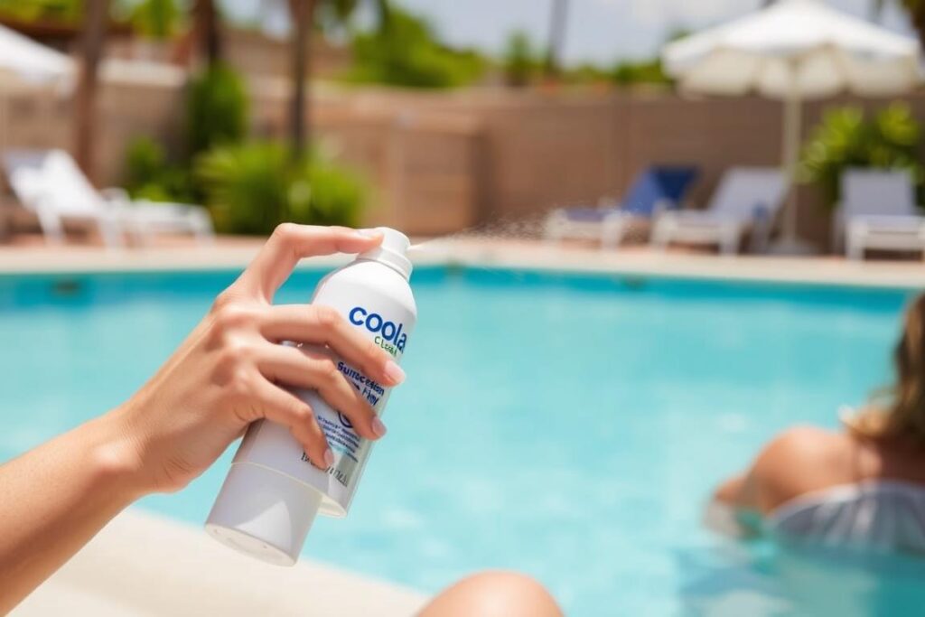 Coola Clear Sunscreen Spray being applied showing its easy application Coola Clear Sunscreen Spray being applied showing its easy application