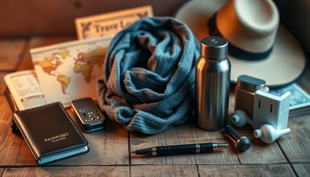 Curated collection of affordable travel gifts, arranged on a rustic wooden surface. In the foreground, a sleek leather passport holder, compact multi-tool, and elegant pen set. In the middle ground, a cozy infinity scarf, reusable water bottle, and noise-cancelling wireless earbuds. In the background, a vintage-inspired map, compact travel adapter, and folding sun hat. Soft, warm lighting casts a gentle glow, creating a welcoming and aspirational atmosphere for the discerning traveler.