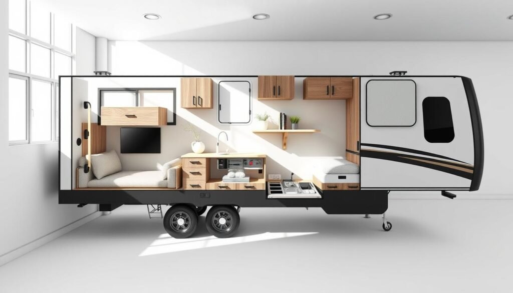 Detailed and precise 3D architectural rendering of a fifth wheel RV floorplan, showcasing the key features and layout. Bright, airy interior with natural lighting streaming through large windows. Highlight the spacious living area, well-equipped kitchen, and thoughtfully designed sleeping quarters. Rendered with high-quality materials and precise scale, capturing the practical and comfortable nature of fifth wheel travel trailers. Crisp, clean lines and a modern, minimalist aesthetic to align with the "Key Features and Benefits of Fifth Wheels" section.