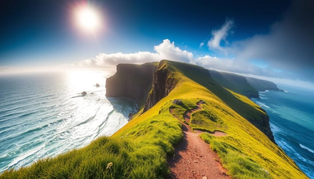 Dramatic cliffs of Moher rise majestically against a backdrop of the wild Atlantic Ocean, their craggy silhouettes framed by a sweeping coastal landscape. The sun casts a warm glow, illuminating the vibrant greens of the lush rolling hills and the azure hues of the crashing waves. In the foreground, a winding path leads the viewer through the dramatic scenery, inviting exploration of this iconic Irish destination. Captured with a wide-angle lens to emphasize the grand scale and cinematic feel, this image evokes a sense of adventure and wonder, perfectly encapsulating the beauty of the Wild Atlantic Way. Dramatic cliffs of Moher rise majestically against a backdrop of the wild Atlantic Ocean, their craggy silhouettes framed by a sweeping coastal landscape. The sun casts a warm glow, illuminating the vibrant greens of the lush rolling hills and the azure hues of the crashing waves. In the foreground, a winding path leads the viewer through the dramatic scenery, inviting exploration of this iconic Irish destination. Captured with a wide-angle lens to emphasize the grand scale and cinematic feel, this image evokes a sense of adventure and wonder, perfectly encapsulating the beauty of the Wild Atlantic Way.