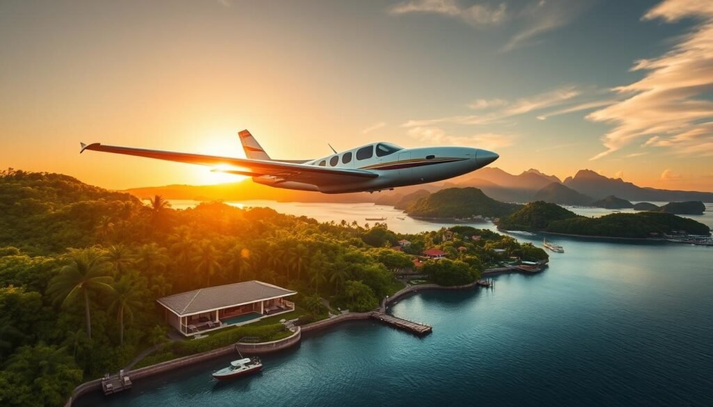Elegant seaplane soaring over a tropical paradise, its sleek fuselage gleaming in the warm, golden light of a setting sun. In the foreground, a luxurious villa nestled amidst lush, verdant foliage, its private dock and infinity pool beckoning. In the middle ground, a picturesque coastal village with charming, brightly colored buildings. In the background, a stunning mountain range, its peaks capped with snow. Convey a sense of exclusivity, adventure, and the promise of unforgettable experiences.