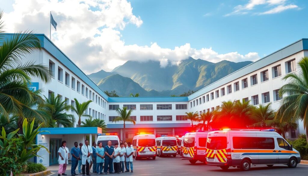 Jamaica medical services: a modern hospital facade with white walls and blue trim, surrounded by lush tropical foliage. In the foreground, a team of medical professionals in scrubs and lab coats stand at the entrance, welcoming patients. The middle ground features a fleet of ambulances and emergency vehicles, their lights flashing. In the background, the Blue Mountains rise majestically, their peaks capped with clouds. The scene is bathed in warm, golden sunlight, conveying a sense of comfort and professionalism in the Caribbean nation's healthcare system.