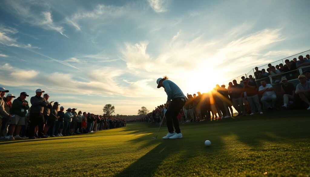 PGA Tour final round drama: A tightly contested tournament, the fairways ablaze with the final group's intense focus. Swirling winds, dimpled balls cutting through the air, spectators leaning in with bated breath. Dramatic shadows play across the manicured greens as the sun dips low, illuminating the players' faces etched with determination. Telephoto lens captures the intensity, framing the pivotal shot - a nerve-wracking putt that could decide the championship. Tension palpable, the crowd erupts in cheers as the ball sinks, a champion crowned in the fading light.