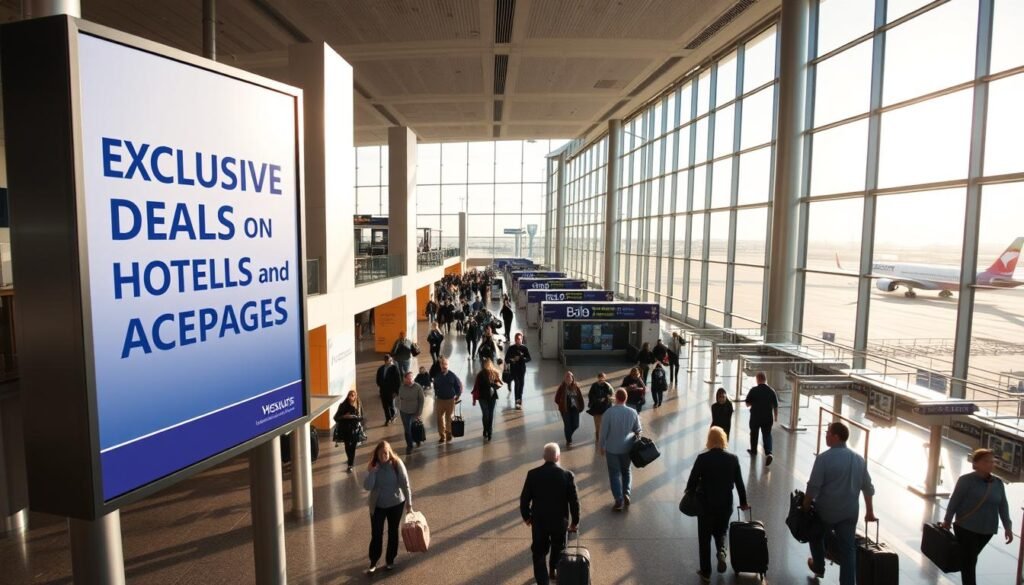 Prompt A panoramic view of an airport terminal, flooded with natural light streaming through large windows. In the foreground, a billboard prominently displays "Exclusive Deals on Flights, Hotels, and Packages", drawing the viewer's attention. Travelers hurry through the bustling concourse, suitcases in hand, with a sense of anticipation. The middle ground features airline check-in counters and security checkpoints, conveying the efficiency of air travel. In the background, a fleet of aircraft can be seen taking off and landing, suggesting the wide range of destinations accessible through discounted travel offers. The overall scene exudes a vibrant, modern atmosphere, inviting the viewer to explore the enticing discounts available. Prompt A panoramic view of an airport terminal, flooded with natural light streaming through large windows. In the foreground, a billboard prominently displays "Exclusive Deals on Flights, Hotels, and Packages", drawing the viewer's attention. Travelers hurry through the bustling concourse, suitcases in hand, with a sense of anticipation. The middle ground features airline check-in counters and security checkpoints, conveying the efficiency of air travel. In the background, a fleet of aircraft can be seen taking off and landing, suggesting the wide range of destinations accessible through discounted travel offers. The overall scene exudes a vibrant, modern atmosphere, inviting the viewer to explore the enticing discounts available.