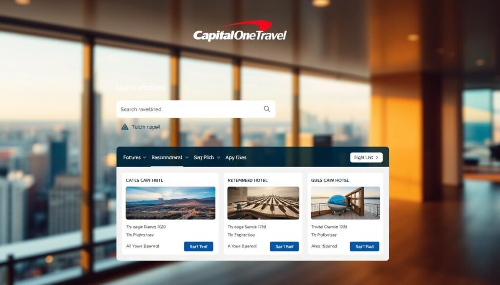 Prompt A sleek, modern interface of the Capital One Travel portal, showcasing a clean and intuitive layout. The foreground features a prominent search bar, with travel destination options, dates, and guest information prominently displayed. The middle ground highlights recommended flight and hotel options, with clear pricing and availability details. The background features a blurred cityscape, conveying a sense of adventure and exploration. The overall aesthetic is crisp, minimalist, and designed to provide a seamless travel booking experience. Warm, natural lighting illuminates the scene, creating a welcoming and inviting atmosphere.