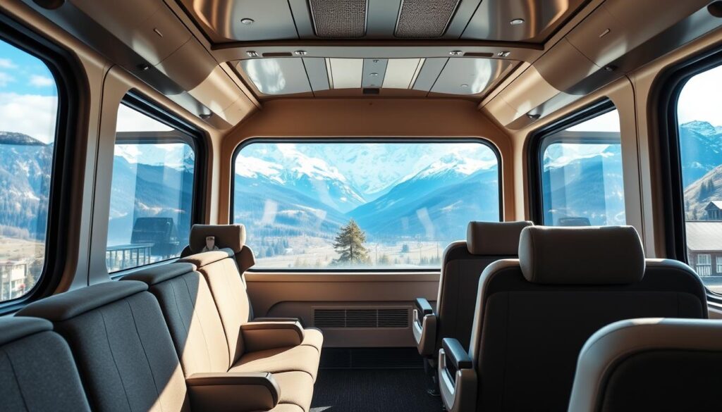 Seat reservation panoramic trains on a scenic Swiss railway journey, with snow-capped Alps in the distance. The train's sleek, modern exterior glides through a picturesque alpine landscape, its large panoramic windows offering breathtaking vistas. The carriage interior is cozy and comfortable, with plush, ergonomic seats. Soft, diffused lighting creates a warm, inviting ambiance, while the train's efficient, technologically-advanced systems ensure a smooth, enjoyable ride. The overall atmosphere conveys a sense of effortless luxury and immersion in the natural beauty of the Swiss countryside.
