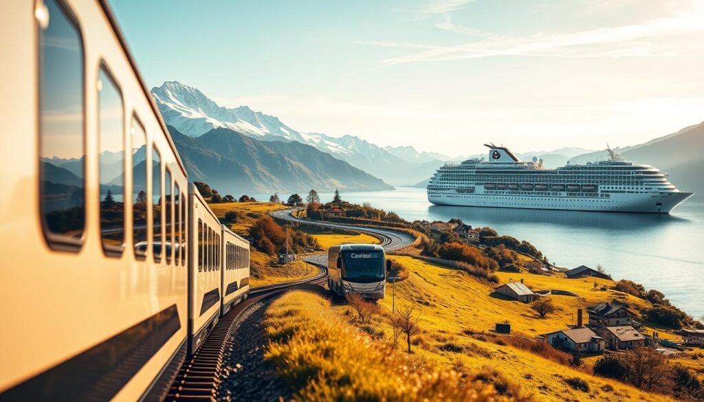 Striking landscape showcasing the versatility of the Swiss Travel Pass. In the foreground, a sleek train glides along the tracks, its polished exterior reflecting the snow-capped peaks in the distance. In the middle ground, a modern bus navigates winding roads, passing picturesque villages and alpine meadows. Beyond, a grand cruise liner sails across a serene lake, its white hull mirrored in the calm waters. Warm golden light bathes the scene, creating a sense of adventure and boundless exploration. Crisp, high-resolution details capture the energy and freedom of unlimited travel throughout Switzerland's breathtaking scenery.