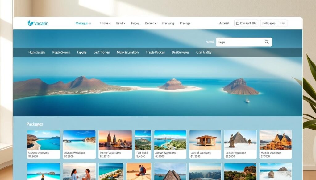 Vacation packages interface: a sleek, modern web layout showcasing various travel destinations and package deals. In the foreground, an elegant grid of vibrant destination images, each framed by a minimalist white border. The middle ground features a navigation bar with intuitive icons and drop-down menus, allowing users to filter and sort package options. The background has a subtle gradient in soothing shades of blue, evoking a sense of tranquility and relaxation. Warm, natural lighting illuminates the scene, creating a welcoming and inviting atmosphere. The overall aesthetic is clean, visually appealing, and designed to inspire wanderlust and effortless trip planning.