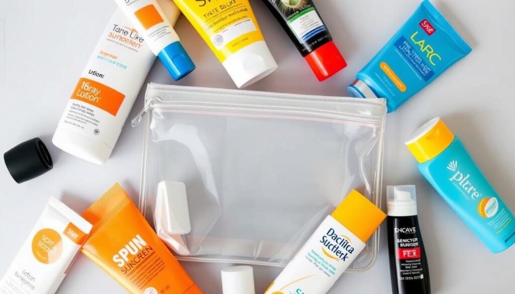 Various travel size sunscreen options displayed with a TSA-approved clear bag Various travel size sunscreen options displayed with a TSA-approved clear bag