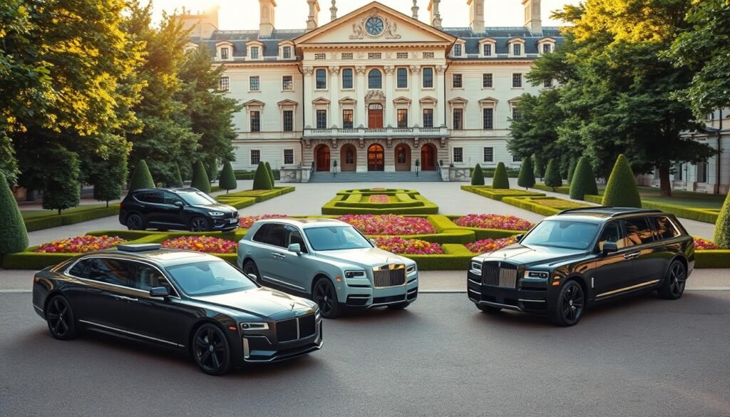 a fleet of eco-friendly royal vehicles parked in a stately palace courtyard, illuminated by warm afternoon sunlight filtering through lush greenery. In the foreground, a sleek, all-electric luxury limousine with solar panels on the roof, flanked by a pair of high-tech hybrid SUVs with aero-optimized designs. In the middle ground, a hydrogen-powered Rolls-Royce Phantom glides silently past vibrant flower beds and neatly trimmed hedges. In the background, the grand facade of the palace rises majestically, its windows and turrets reflecting the sustainable vehicles below. The scene conveys a sense of modern, forward-thinking royal transportation that prioritizes environmental responsibility.