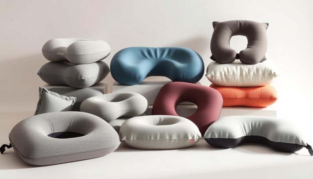 a high-quality, detailed, and realistic image of modern travel pillow designs, showcasing a variety of innovative and ergonomic pillows for comfortable travel. The image should have a well-lit, studio-style composition, capturing the pillows from multiple angles and perspectives to highlight their unique features and design elements. The pillows should be arranged in a visually appealing and organized manner, with a clean, minimalist background that allows the products to be the main focus. The lighting should be soft and natural, creating a warm, inviting atmosphere that emphasizes the comfort and support of the travel pillows. The overall mood should convey a sense of relaxation and rejuvenation, reflecting the purpose of the travel pillows.