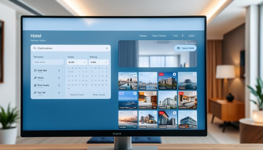 a modern, minimalist hotel booking interface displayed on a large computer screen, with a clean and intuitive layout. The foreground features a search bar, calendar, and drop-down menus for selecting destination, dates, and number of guests. The middle ground showcases a grid of hotel thumbnails, each with a short description, rating, and price. The background is a softly blurred, contemporary hotel interior, with clean lines, natural light, and muted colors. The overall mood is one of efficiency, simplicity, and sophistication, conveying a seamless and enjoyable hotel booking experience.