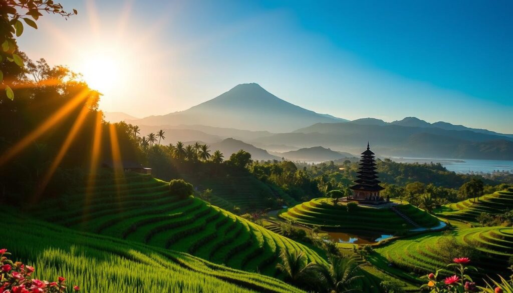 A breathtaking Balinese landscape in the golden hour, bathed in warm, soft light. In the foreground, lush, verdant rice terraces cascade down gentle slopes, their emerald hues punctuated by the vibrant blooms of tropical flowers. In the middle ground, a traditional Balinese temple stands serene, its ornate architecture mirrored in a tranquil pond. Beyond, the distant volcanic peaks of Bali's iconic Mount Agung rise majestically against a clear, azure sky, their silhouettes casting long shadows across the land. An atmosphere of tranquility and timelessness pervades the scene, capturing the essence of Bali's best season to visit.