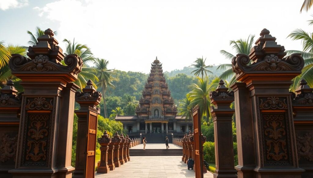 A breathtaking Balinese temple nestled amidst a lush tropical paradise. In the foreground, intricate carved stone gates guard the sacred entrance, their ornate details illuminated by warm, golden sunlight. The middle ground features a grand, multi-tiered temple structure, its towering pagodas and elaborately decorated roofs shimmering under a soft, diffused light. The background is a verdant landscape of swaying palm trees and vibrant foliage, creating a serene, otherworldly atmosphere. The scene is shot with a wide-angle lens to capture the grandeur and scale of this magnificent spiritual destination.