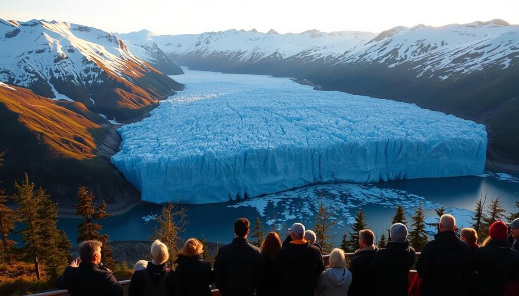 A breathtaking aerial view of Mendenhall Glacier in Juneau, Alaska, captured in the golden hour. The massive blue-tinged ice formation stretches across the landscape, surrounded by towering mountains capped with snow. In the foreground, a group of tourists enjoy a guided tour, marveling at the glacier's serene beauty and learning about its geological history. The scene is bathed in a warm, soft light, creating a sense of wonder and tranquility. The image conveys the grandeur and splendor of this natural wonder, inviting the viewer to immerse themselves in the awe-inspiring Alaskan wilderness.