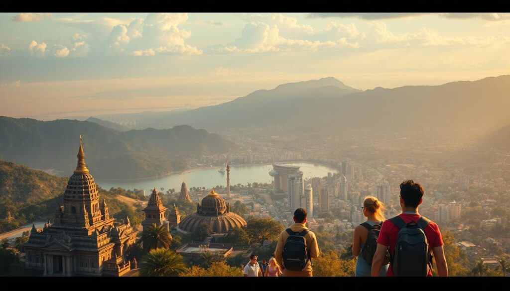 A breathtaking, cinematic landscape showcasing the world's most captivating destinations. In the foreground, a diverse array of iconic landmarks and natural wonders - ancient temples, soaring mountain peaks, serene beaches, and bustling cityscapes. The middle ground features adventurous travelers immersed in unique cultural experiences, from trekking through lush rainforests to exploring vibrant local markets. The background is a panoramic vista of diverse terrains, from vast deserts to lush tropical forests, all bathed in warm, golden lighting that evokes a sense of wonder and exploration. Captured with a wide-angle lens to emphasize the scale and grandeur of these extraordinary destinations, inspiring the viewer to embark on their own personalized, tailor-made journey.