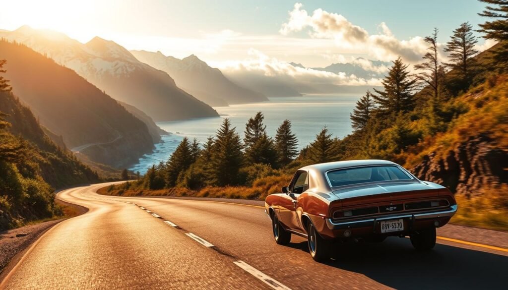 A breathtaking coastal road hugging the cliffs, with towering snow-capped mountains rising in the distance. The sun casts a warm, golden glow over the scene, illuminating the winding asphalt and the lush, verdant foliage lining the route. In the foreground, a classic American muscle car navigates the twists and turns, its chrome details gleaming. Wispy clouds drift overhead, adding to the sense of tranquility and adventure. The overall atmosphere evokes the thrill of a classic summer road trip, with the natural beauty of the Pacific Northwest serving as the perfect backdrop.
