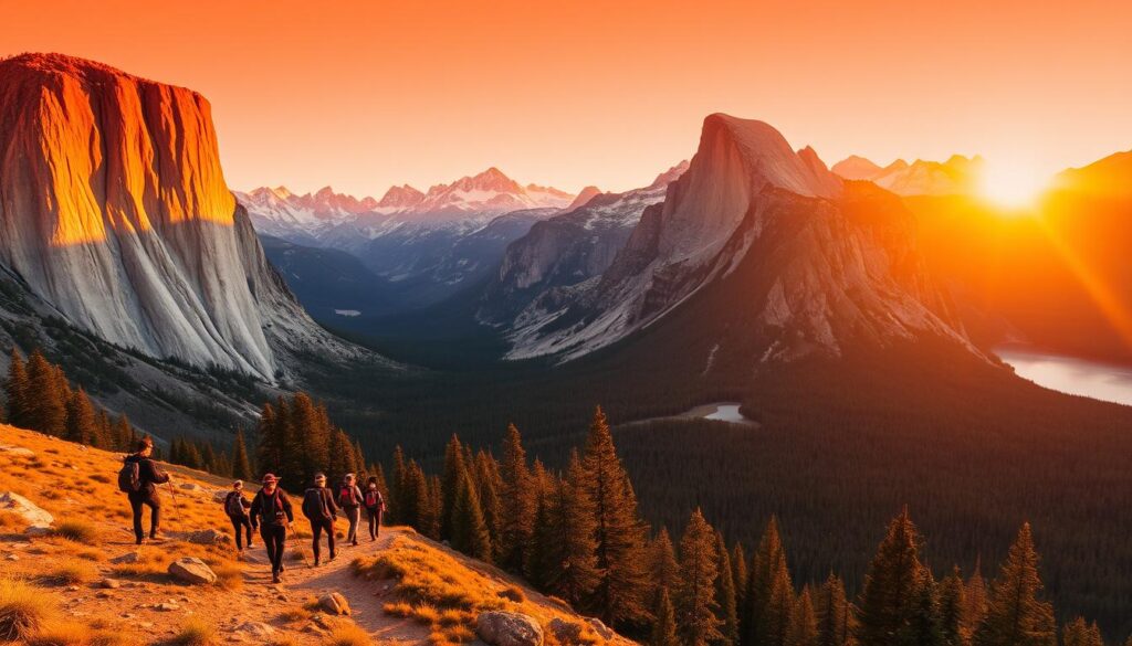 A breathtaking landscape of a majestic national park, bathed in warm golden light at sunset. In the foreground, a group of hikers explore a winding trail, their silhouettes standing tall against the vibrant orange sky. In the middle ground, towering granite cliffs rise up, their jagged peaks reflecting the warm glow. In the distance, a pristine alpine lake shimmers, surrounded by dense evergreen forests and snow-capped mountain peaks. The scene conveys a sense of adventure, tranquility, and the awe-inspiring beauty of the great outdoors. Shot with a wide-angle lens to capture the grandeur of the landscape, the image evokes the spirit of exploration and the thrill of discovering the natural wonders of the United States.