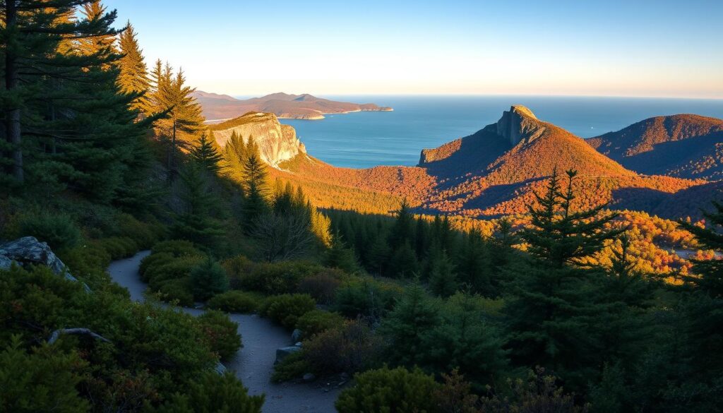 A breathtaking panorama of Acadia National Park's renowned hiking trails, captured under the warm glow of the afternoon sun. In the foreground, a winding path meanders through a lush, verdant forest, inviting adventurers to explore its hidden delights. The middle ground reveals rugged granite cliffs and rolling hills, their peaks crowned with a tapestry of autumn foliage. In the distance, the shimmering azure waters of the Atlantic Ocean stretch out, framed by the park's iconic rock formations. The scene exudes a sense of tranquility and wonder, perfectly encapsulating the park's natural beauty and the allure of outdoor exploration.