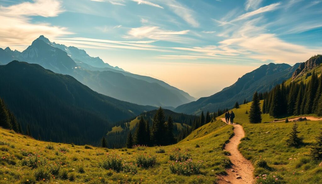 A breathtaking panorama of rugged mountain trails winding through lush, verdant forests. In the foreground, a well-defined hiking path meanders through a serene meadow, dotted with vibrant wildflowers. The middle ground reveals towering, snow-capped peaks casting long shadows across the landscape, their majestic presence commanding attention. The background is dominated by a hazy blue sky, with wispy clouds adding depth and a sense of tranquility. Warm, golden sunlight filters through the canopy, casting a soft, inviting glow over the entire scene. The image conveys a sense of adventure, tranquility, and the awe-inspiring beauty of nature's untamed wilderness.