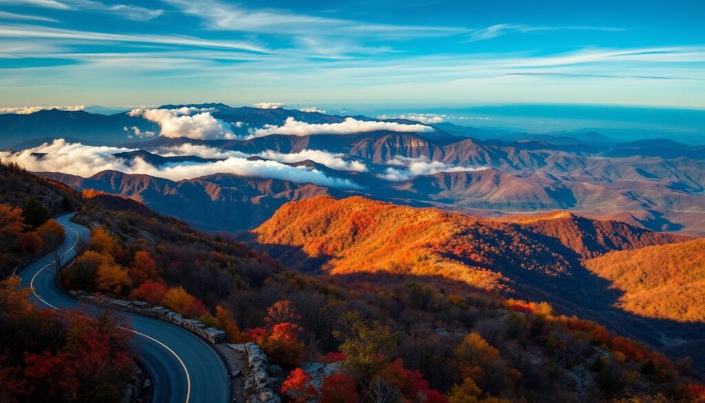A breathtaking panorama of the Smoky Mountains National Park, captured under golden hour lighting. In the foreground, a winding mountain road flanked by vibrant fall foliage and rushing streams. The middle ground reveals majestic peaks shrouded in wispy clouds, their rugged slopes dotted with hidden hiking trails. In the distance, a horizon of hazy blue ridges stretches towards the horizon, inviting the viewer to explore further. The scene exudes a sense of tranquility and adventure, capturing the essence of this renowned natural wonder. Captured with a wide-angle lens to accentuate the grandeur of the landscape.